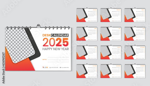 Desk calendar 2025 planner and corporate design template set, Annual calendar 2025 for 12 months, week starts Monday, abstract orange gradient color shape with vector layout