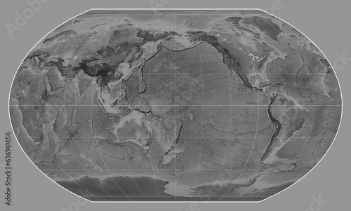 World map. Grayscale. Kavrayskiy VII projection. Meridian: 180 photo