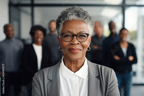 portrait of a black businesswoman with blurry group in the background, ai generated
