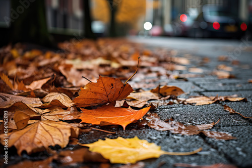 close-up of fallen leaves in the street in autumn, ai generated