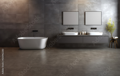 Gray tile bathroom interior with tub and double sink on empty space for text. AI Generative.
