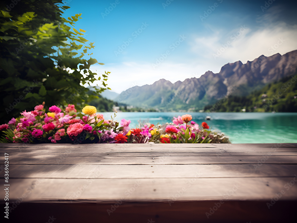 Empty wooden table decorated with colorful flowers, Blurred lagoon and mountain view, background, AI Generative.