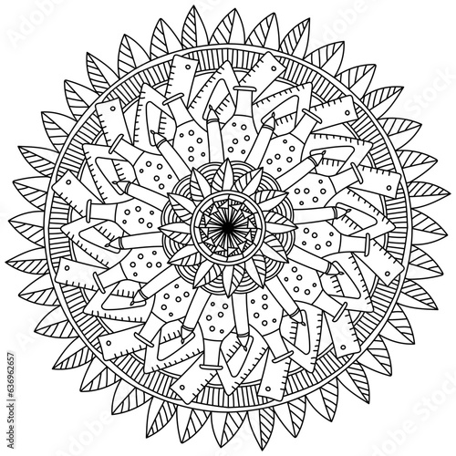 Creative mandala on education theme, coloring page with zen patterns and leaves