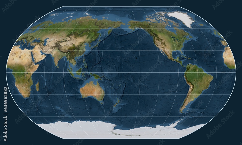World map. Satellite. Kavrayskiy VII projection. Meridian: 180