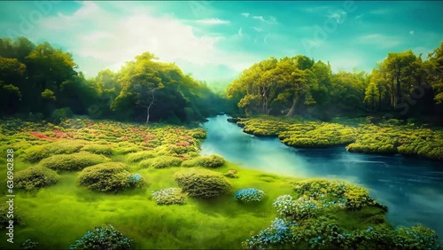 River view with forest background on sunny day, 4k 30fps looping video