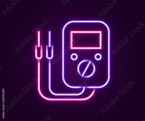 Glowing neon line Ampere meter, multimeter, voltmeter icon isolated on black background. Instruments for measurement of electric current. Colorful outline concept. Vector