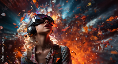 Young woman using virtual reality headset. VR glasses, futuristic, technology, online education, education, video game concept. Generative AI.
