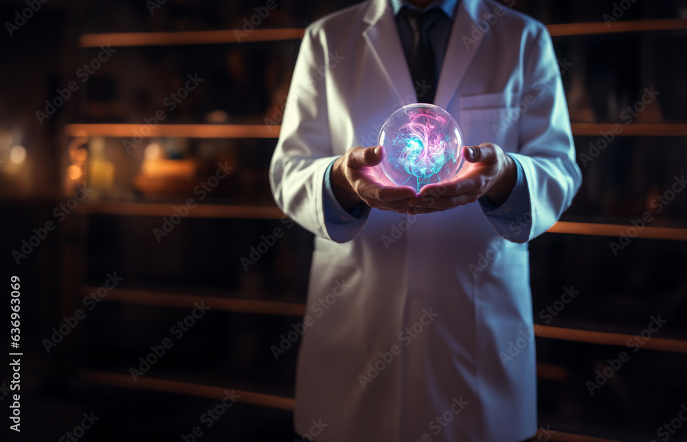 Fototapeta premium Doctor holding circle plexus futuristic holographic. Generative AI.