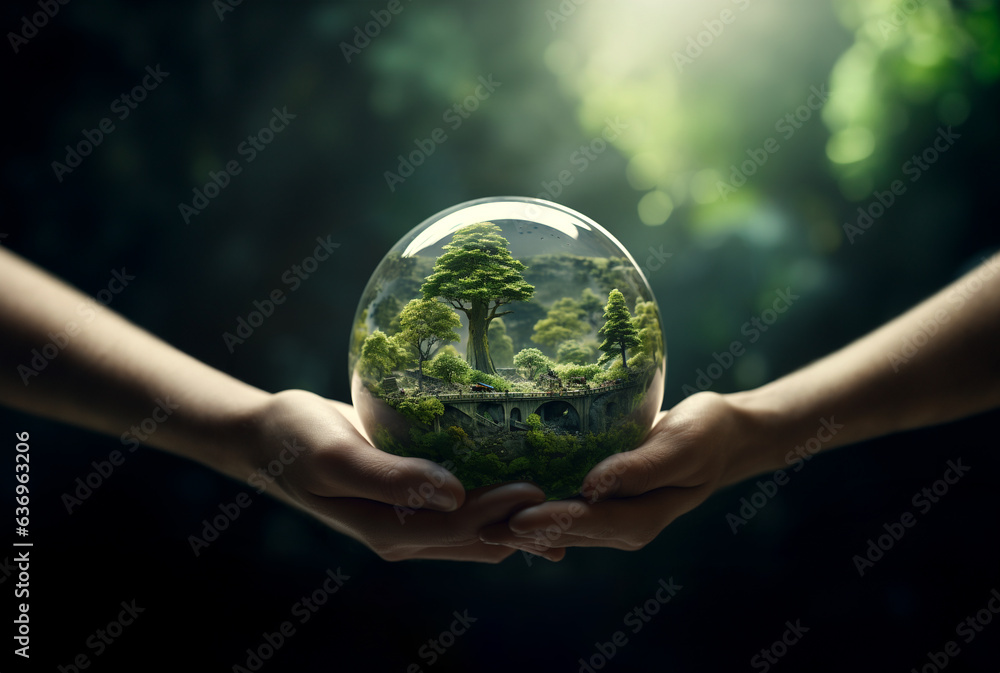 Human hands holding earth sphere crystal with sunlight, green nature background, concept of conservation environmental. AI Generative. - obrazy, fototapety, plakaty 