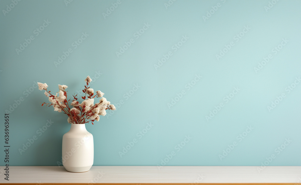 Decorate a modern room with mock-up frames and flower vases. Generative AI.
