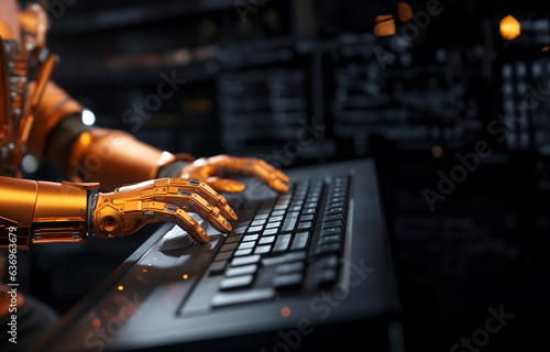 Orange robot hands typing on computer keyboard in close-up on empty space. AI Generative.