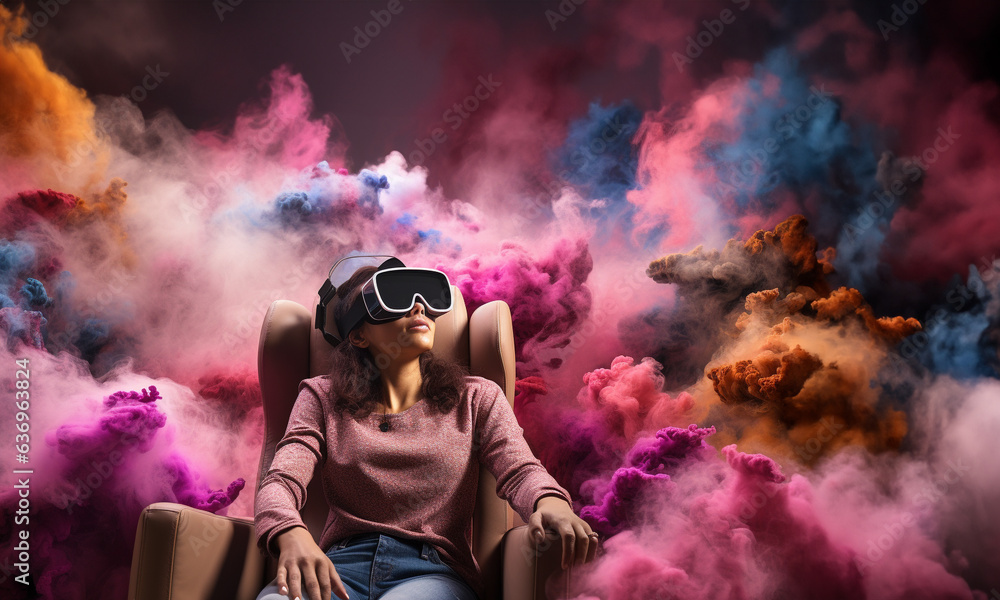 Woman wearing virtual reality headset she is sitting on the sofa future technology and entertainment vr digital. AI Generative. Woman wearing virtual reality headset she is sitting on the sofa future technology and entertainment vr digital. AI Generative.