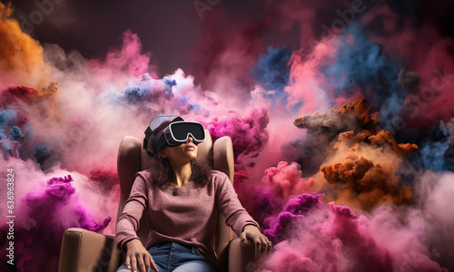 Woman wearing virtual reality headset she is sitting on the sofa future technology and entertainment vr digital. AI Generative.