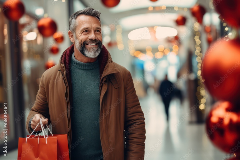 Middle aged smiley Caucasian man with a Christmas gifts in a shopping bags in a mall. Christmas sale concept. Middle aged smiley Caucasian man with a Christmas gifts in a shopping bags in a mall. Christmas sale concept.