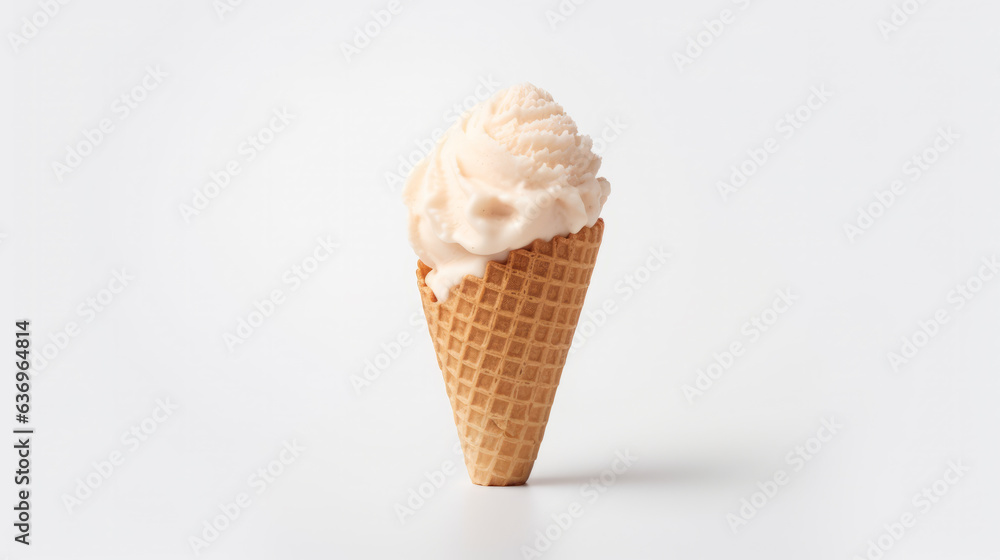 An ice cream cone isolated on a white background. Studio photography. Diffuse lighting. Delicious sweet food. Snacks. Waffle cone. Comfort food. An ice cream cone isolated on a white background. Studio photography. Diffuse lighting. Delicious sweet food. Snacks. Waffle cone. Comfort food.