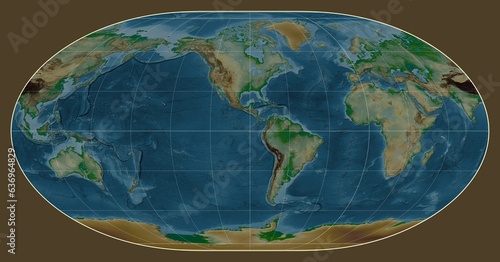 World map. Physical. Loximuthal projection. Meridian: -90 west