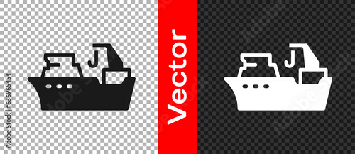 Black Fishing boat icon isolated on transparent background. Fishing trawler. Vector