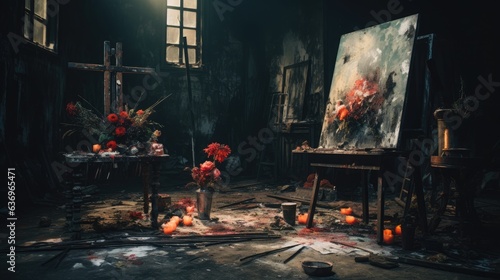 Concept of Burnt Out Creativity. An artist's studio with unfinished paintings and discarded brushes, portraying the frustration of lost inspiration.