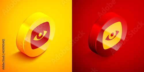 Isometric Security camera icon isolated on orange and red background. Circle button. Vector