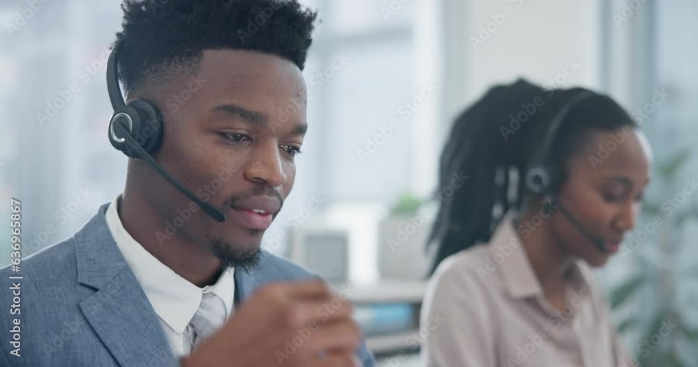 Black man, callcenter and phone call, CRM and contact us with communication and coworking space with team. Customer service consultant, help desk and advice with tech support and headset with mic Black man, callcenter and phone call, CRM and contact us with communication and coworking space with team. Customer service consultant, help desk and advice with tech support and headset with mic