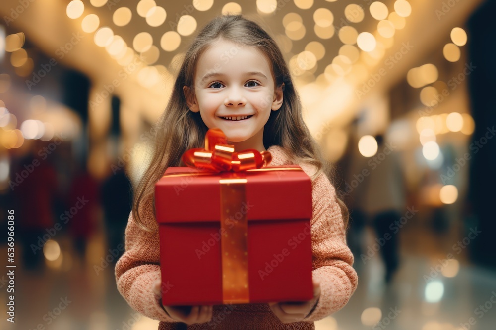 Little Caucasian girl with a Christmas gift in a mall. Christmas mood and Christmas sales concept. Little Caucasian girl with a Christmas gift in a mall. Christmas mood and Christmas sales concept.