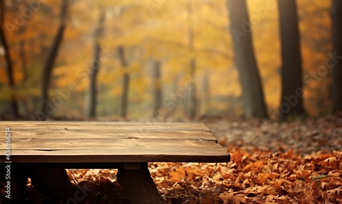autumn maple leaves on wooden table top. autumn landscape. Free space for decoration Generative AI