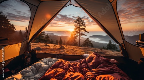 View from a tourist tent at sunrise over a mountainous area