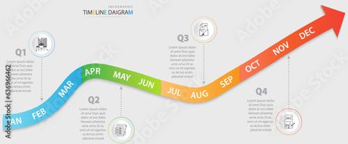 Modern timeline diagram infographic chart 12 month financial statistics graph with business calendar interface marketing presentation