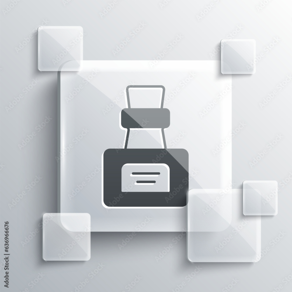 Grey Bottle with potion icon isolated on grey background. Flask with magic potion. Happy Halloween party. Square glass panels. Vector Grey Bottle with potion icon isolated on grey background. Flask with magic potion. Happy Halloween party. Square glass panels. Vector