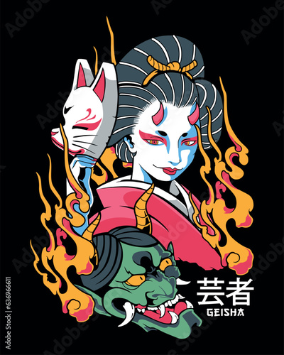 Geisha with Oni mask traditional vector print with Japanese translation Geisha