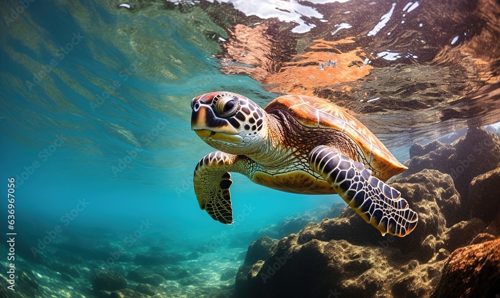 Fototapeta premium Green sea turtle swimming undersea Generative AI