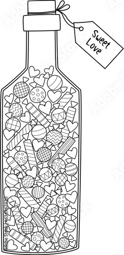 Bottle with candies coloring doodle book page. Black and white vector zentangle illustration.