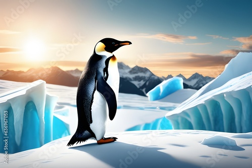 A picture of a penguin standing on a glacier in the polar region photo