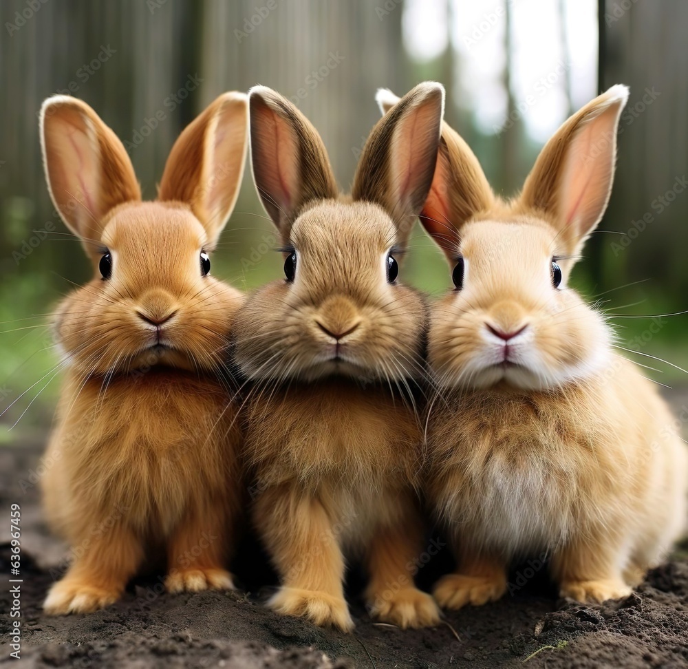Fototapeta premium Three rabbits are sitting in the mud one of them has a white face