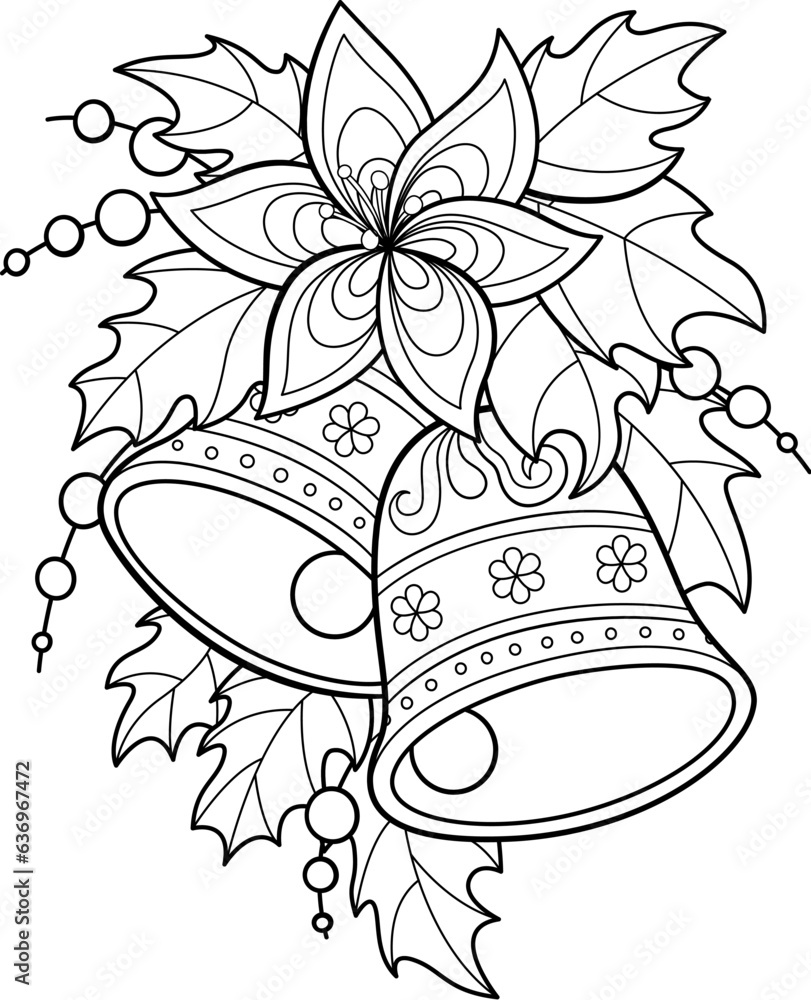 Christmas bells doodle coloring book page. Black and white vector ...