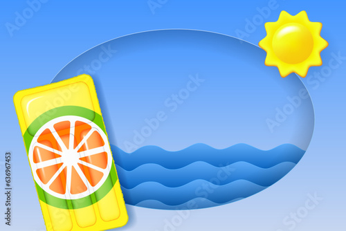 Beach vacation layered poster. Blue sea, sun and inflatable float mattress. Vector illustration