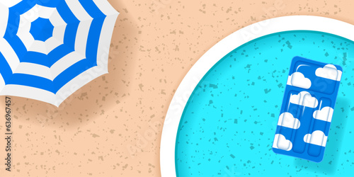 Summer vacation poster. Beach umbrella and inflatable mattress in round pool. Top view. Vector illustration