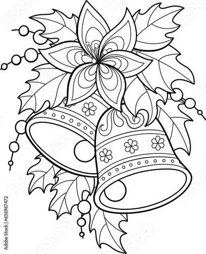Christmas bells doodle coloring book page. Black and white vector zentangle illustration.