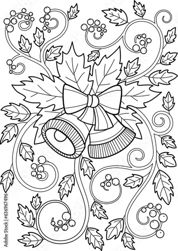 Christmas bells doodle coloring book page. Black and white vector zentangle illustration.