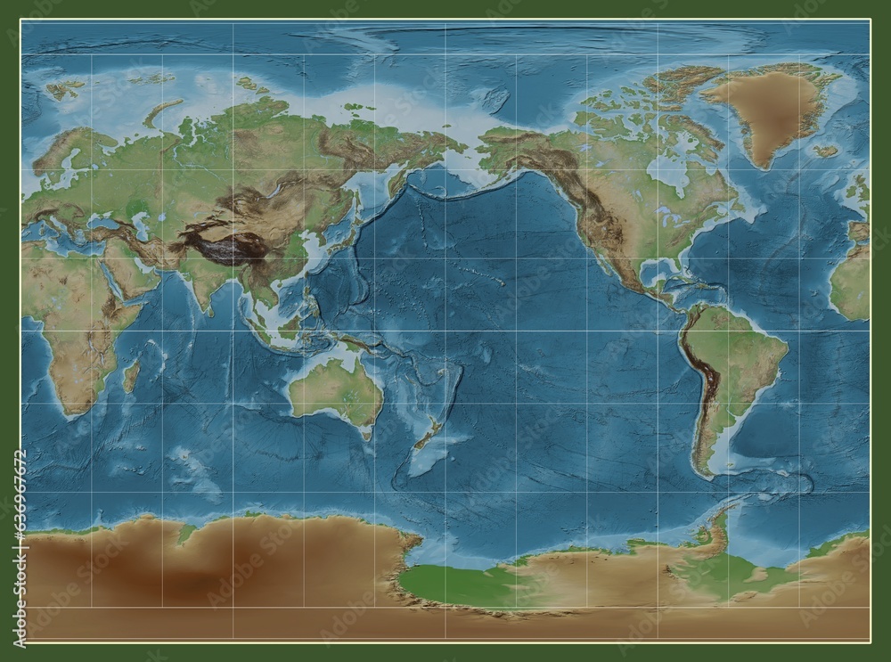 World map. Colored elevation. Miller Cylindrical projection. Meridian: 180