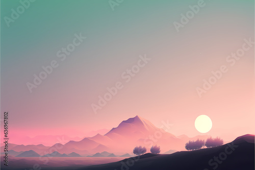 illustration of beautiful summer fields landscape with a dawn. Nature landscape. illustration background. AI generated © Lastyear