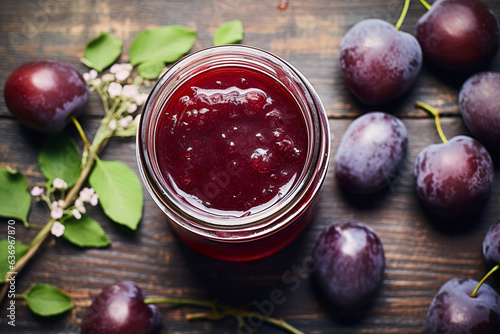 A jar of organic plum jam surrounded by nature's elements, a taste of summer's harvest captured in glass.