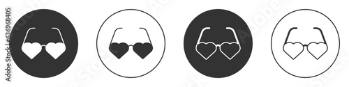 Black Heart shaped love glasses icon isolated on white background. Suitable for Valentine day card design. Circle button. Vector