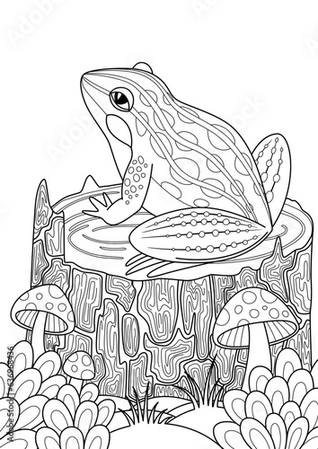Forest doodle coloring page frog sitting on a stump. Black and white vector zentangle illustration.