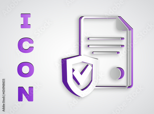 Paper cut Contract with shield icon isolated on grey background. Insurance concept. Security, safety, protection, protect concept. Paper art style. Vector
