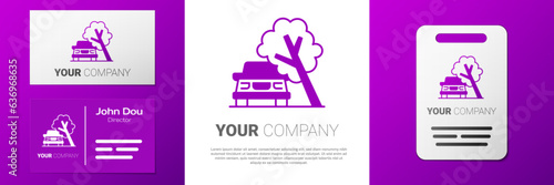 Logotype Car damaged by fallen tree icon isolated on white background. Auto insurance case. Car crash with tree, road accident. Logo design template element. Vector