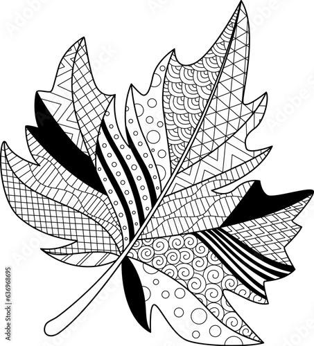 Autumn maple leaf doodle coloring book page. Black and white vector zentangle illustration.