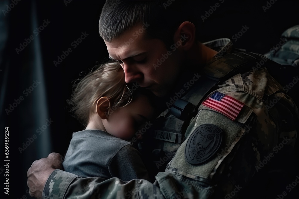 Fototapeta premium Brave soldier tenderly holds a small child in their arms