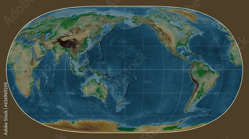 World map. Physical. Natural Earth II projection. Meridian: 180