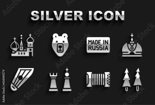 Set Chess, King crown, Christmas tree, Accordion, Kankles, Made Russia, Saint Basil's Cathedral and Bear head icon. Vector